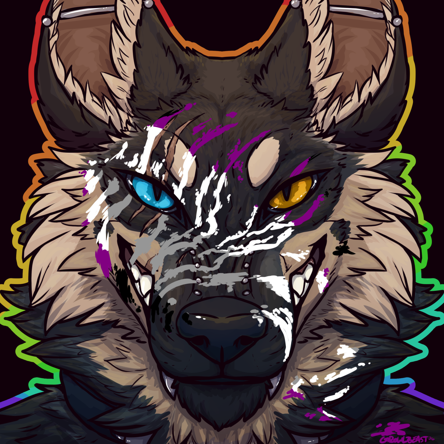 Artwork by growlbeast for kngrk9/Beau of his german shepherd fursona smiling at the viewer with face paint colored after the Aegosexual flag with a rainbow gradient behind him to celebrate pride month. The character looks confident and happy to show his colors!