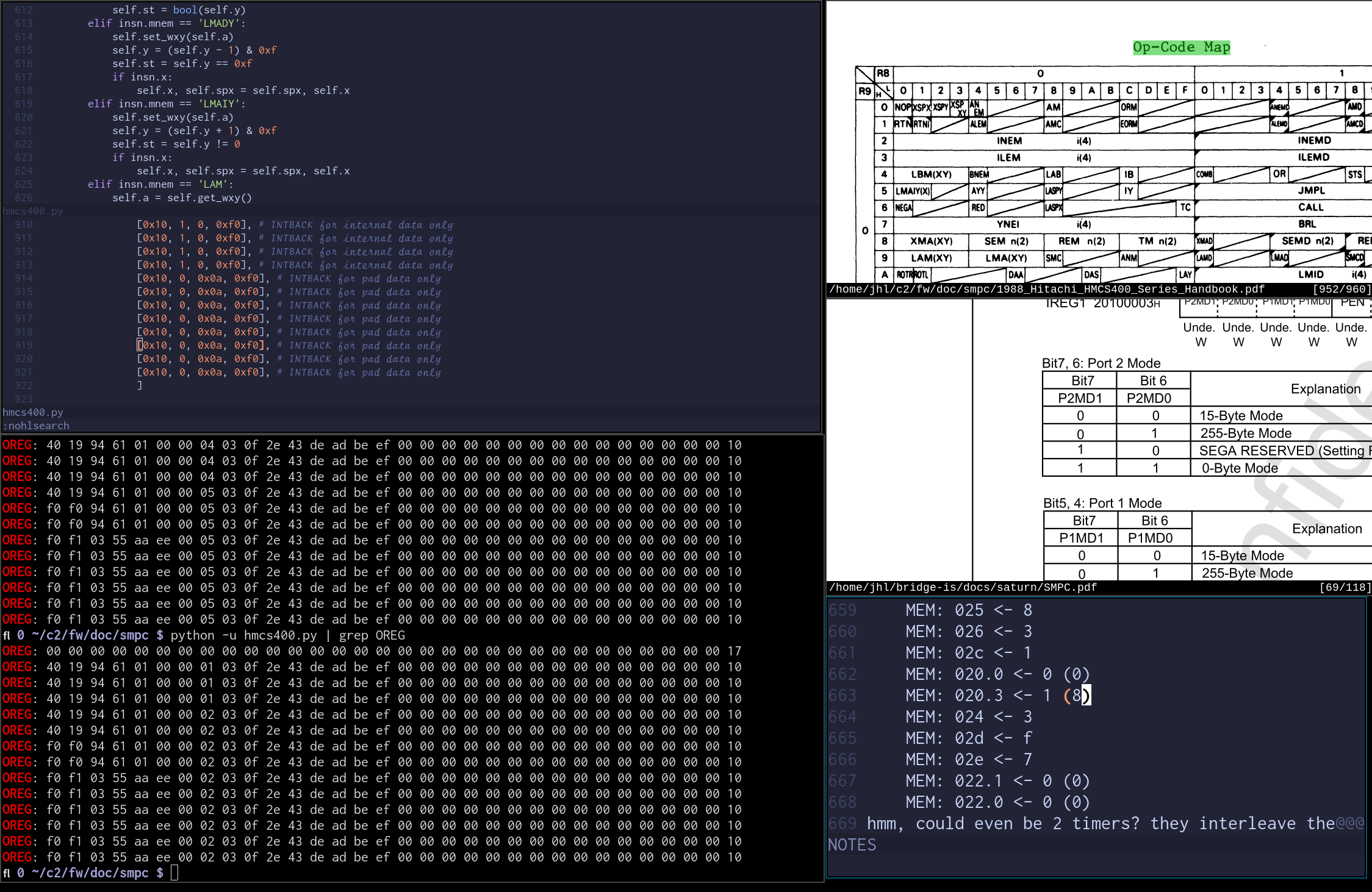A screenshot showing: - a bunch of Python that seems to be an SMPC emulator, - a terminal with some emulator output, - the Hitachi HMCS400 databook PDF, showing the Op-Code Map - the SMPC manual showing nothing in particular, and - a text file with some notes which don't make much sense on their own