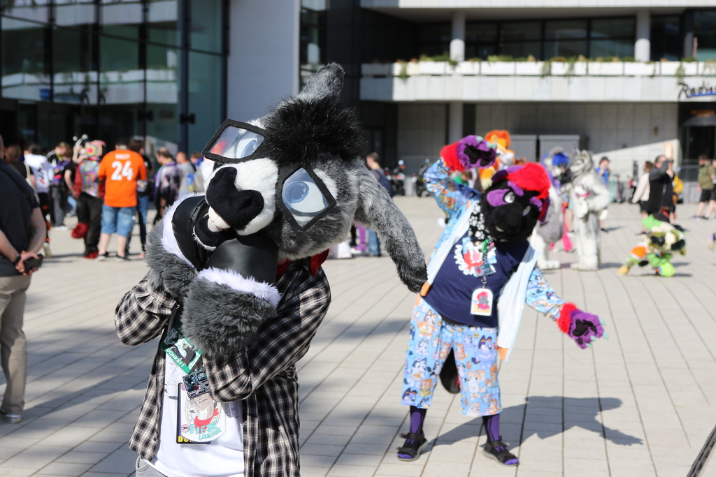 Half-length portrait of a partial donkey fursuiter, looking cute with their forehooves to their chin and their head tilted. In the background, a black, purple, and red canine fursuiter is also posing with their paws up, out of focus.
