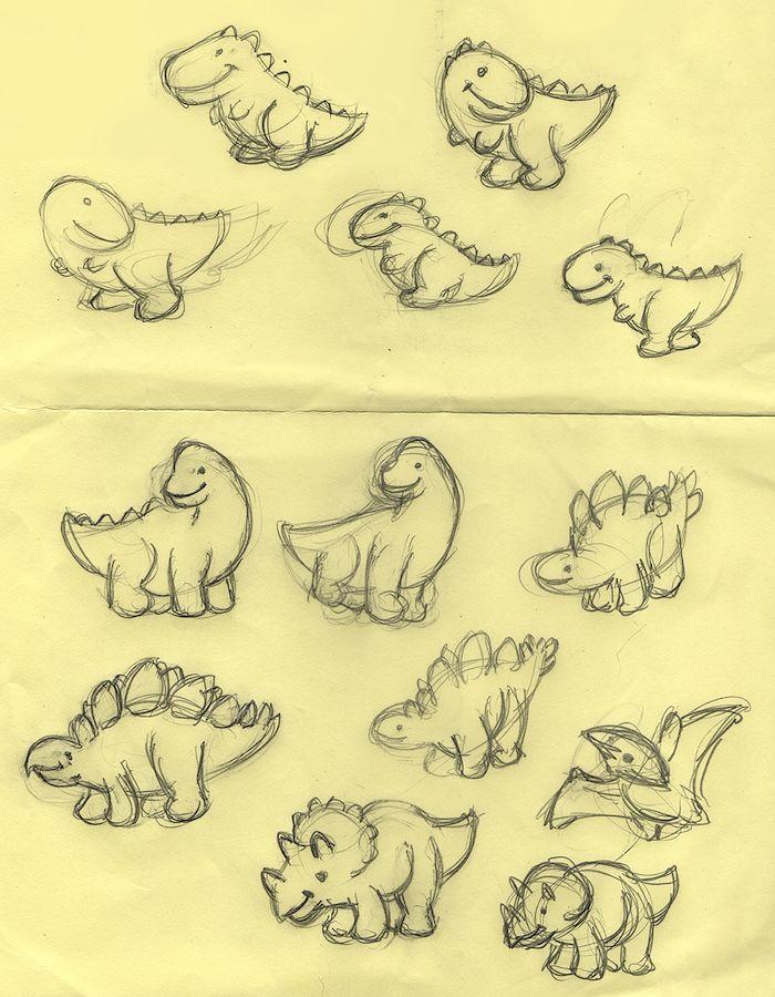 Sketches of stylised cartoonish dinosaurs.