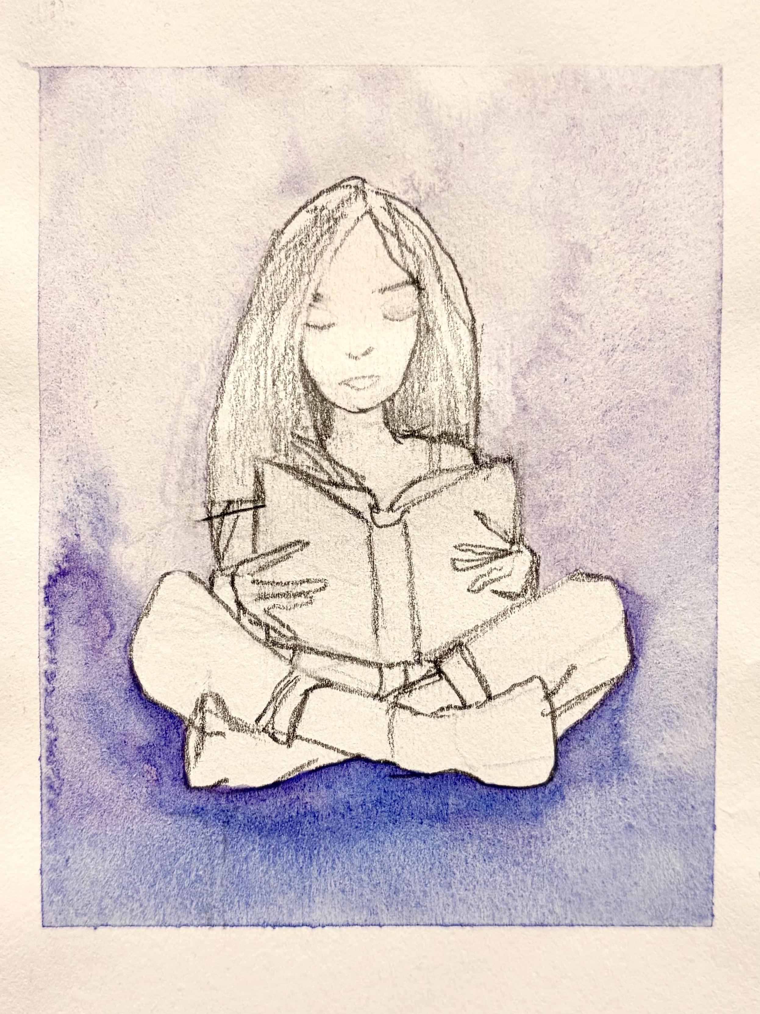 A pencil drawing a a girl with long hair. Sitting cross legged reading a book. There is a beautiful blue purple background.