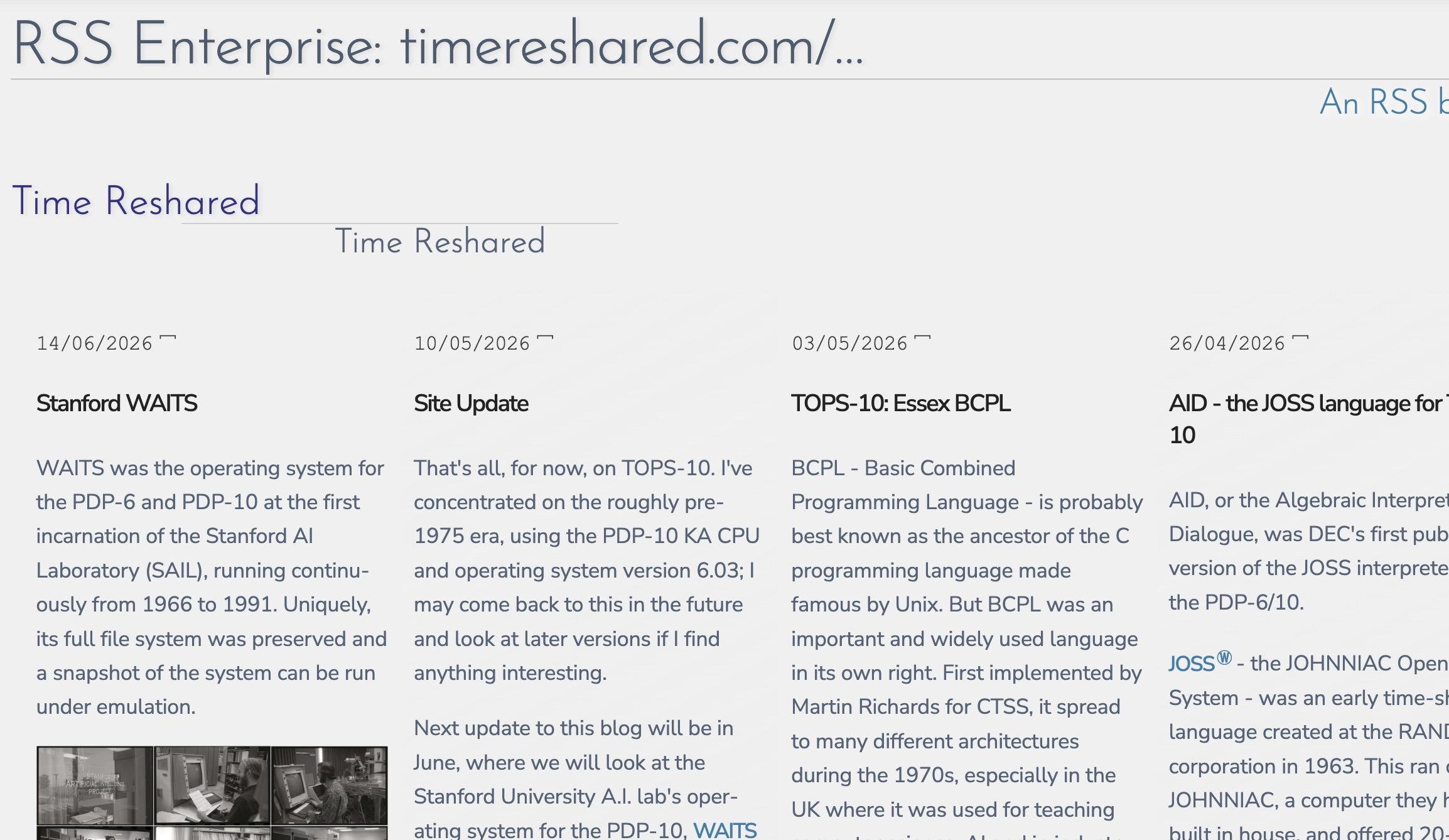 Screenshot of 4 blog articles in 4 columns. Source is the "Time Reshared" blog.