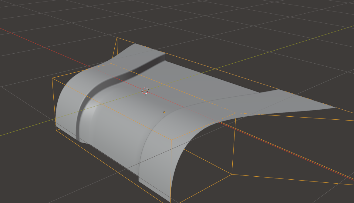 Screenshot of Blender showing a test hardedge surface made with NURBS with a large ridge bent into a curve. The surface also spreads a bit on X on an extremity through a Lattice modifier.