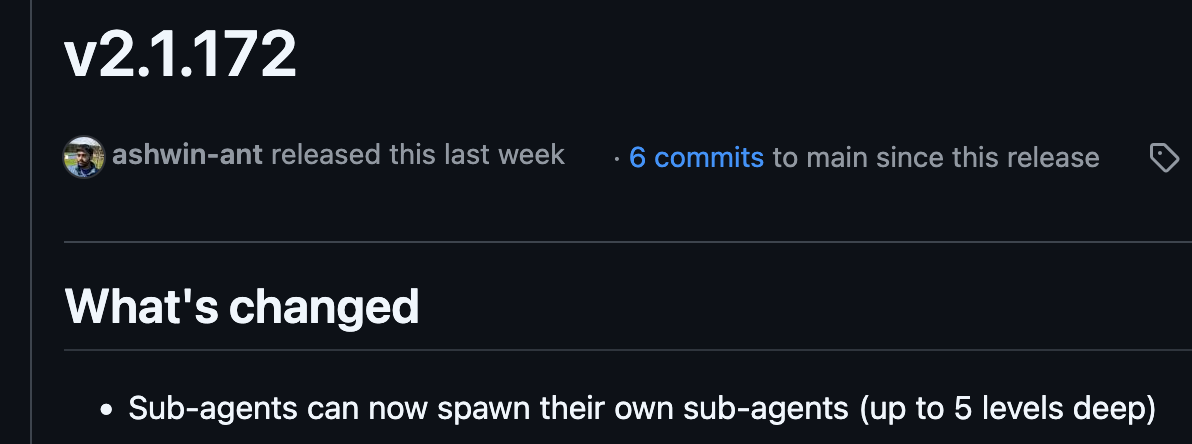 release notes for claude-code 2.1.172 What''s changed - Sub-agents can now spawn their own sub-agents (up to 5 levels deep)