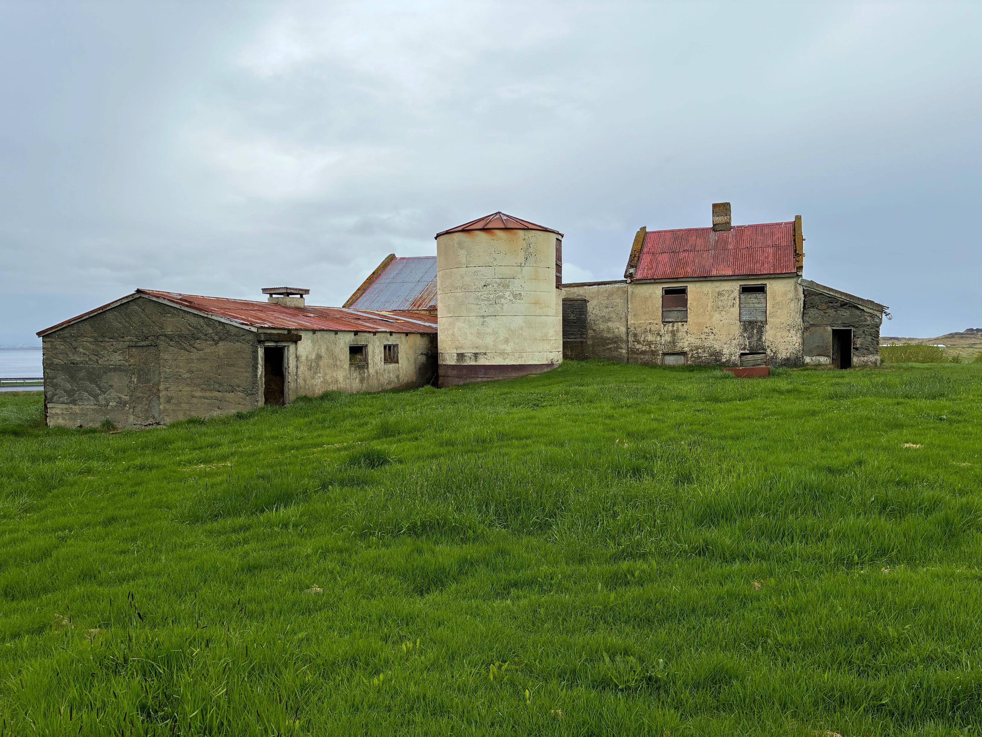 A run-down yet charming old Icelandic farm surrounded by the green green grass of home.