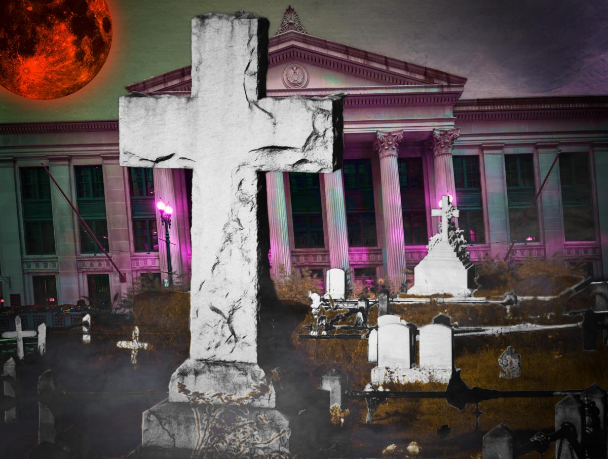 The Federal Reserve building, tilted at an eldrirtch angle, wreathed in mist. In the foreground looms an abandoned cemetery. Overhead flies a blood-red moon in a cloudy, ominous sky.