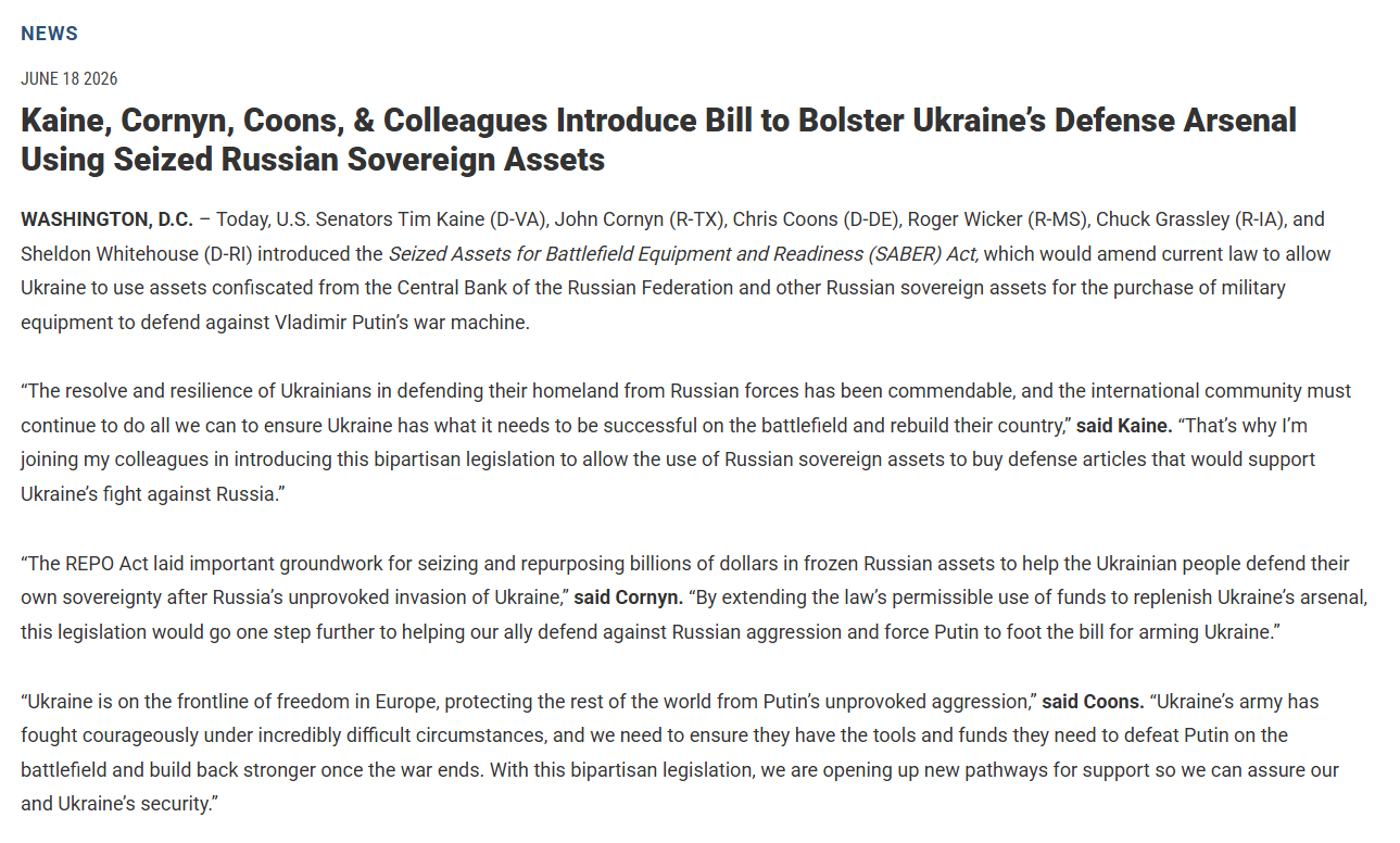 U.S. senators introduced the bipartisan SABER Act to let Ukraine use confiscated Russian sovereign assets to buy military equipment. The bill would expand current law and force Russian state funds to help replenish Ukraines battlefield arsenal. #Ukraine