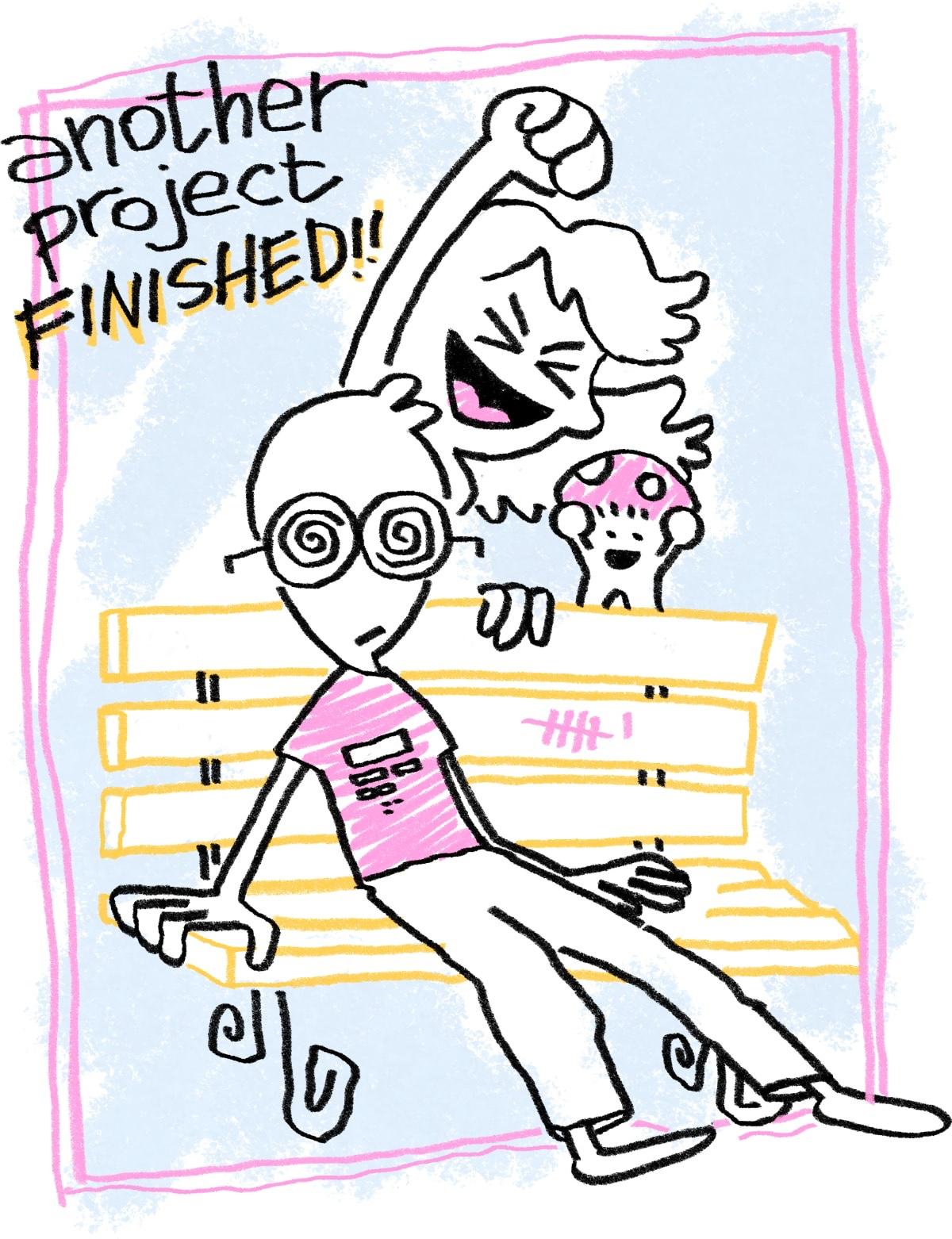 An illustration of Aljoscha slumped in a bench, spirals spinning in his eyes. He's wearing a stylish pink RBSR-themed t-shirt. Sammy pumps her fist behind him, and mushroom-Dan cheers from atop the bench.