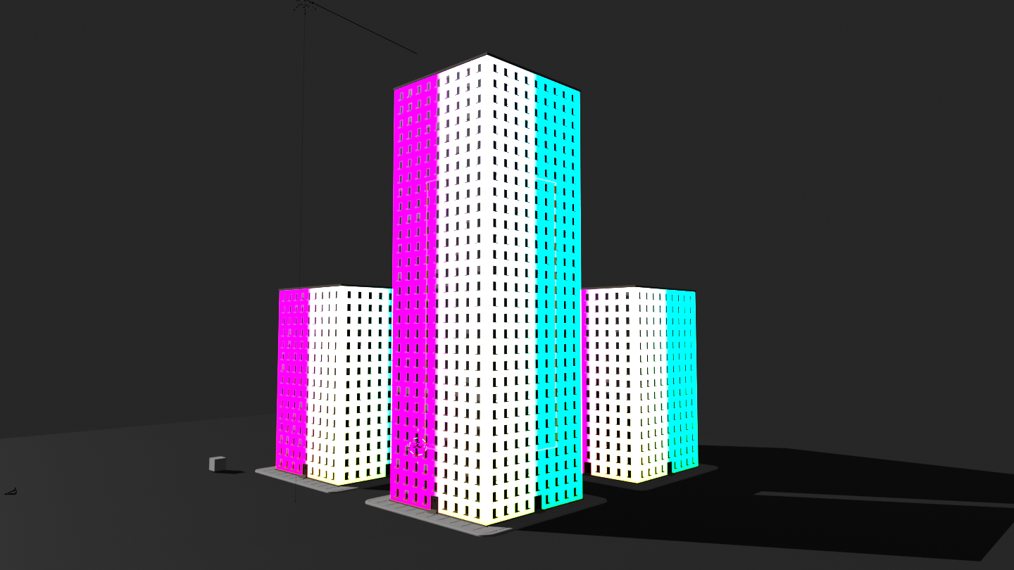 some buildings in Blender, with the default generated coordinate mapping previewed in the shader leading to trans flag colors