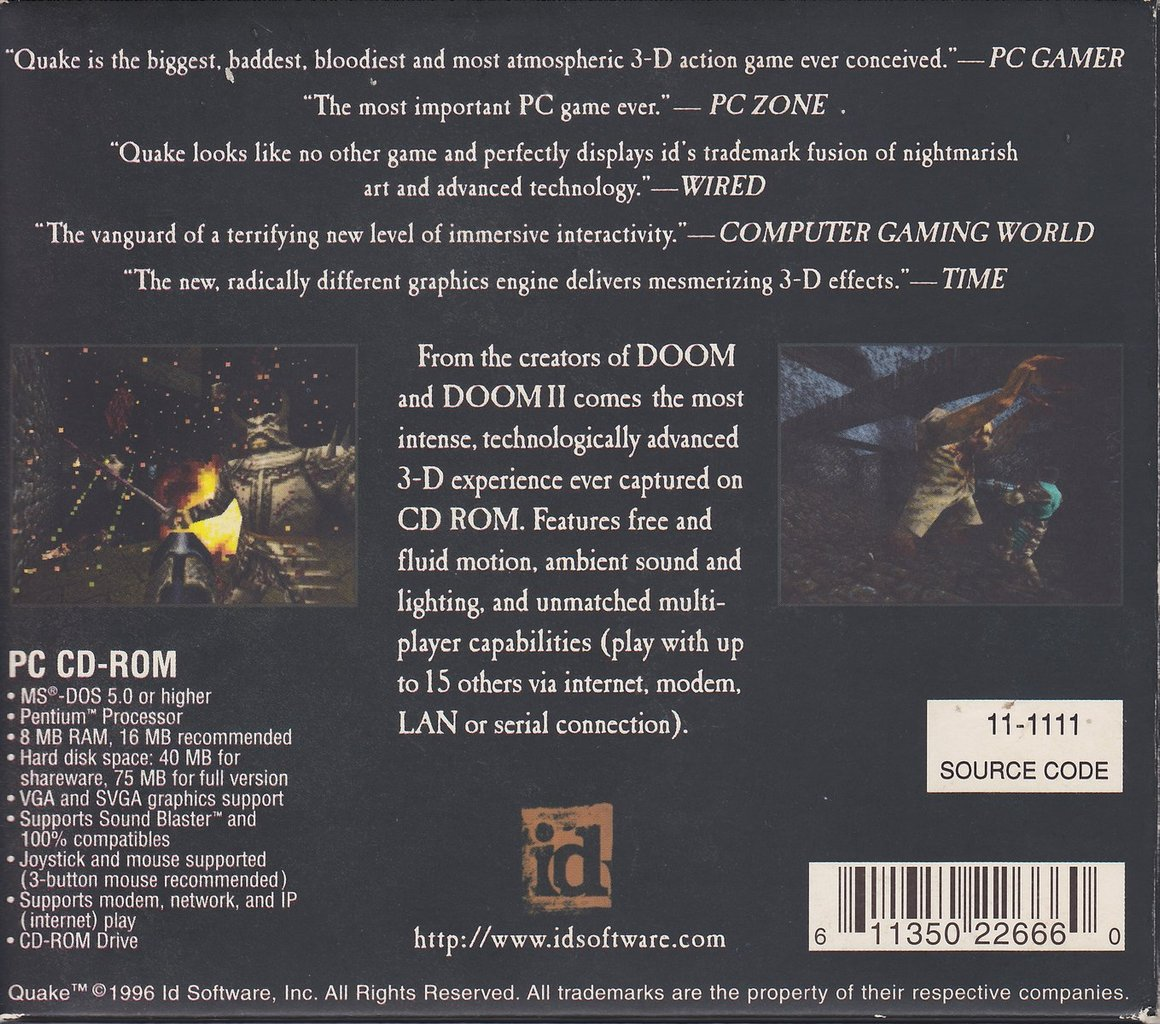 The back of the full release CD cover from the video game Quake.