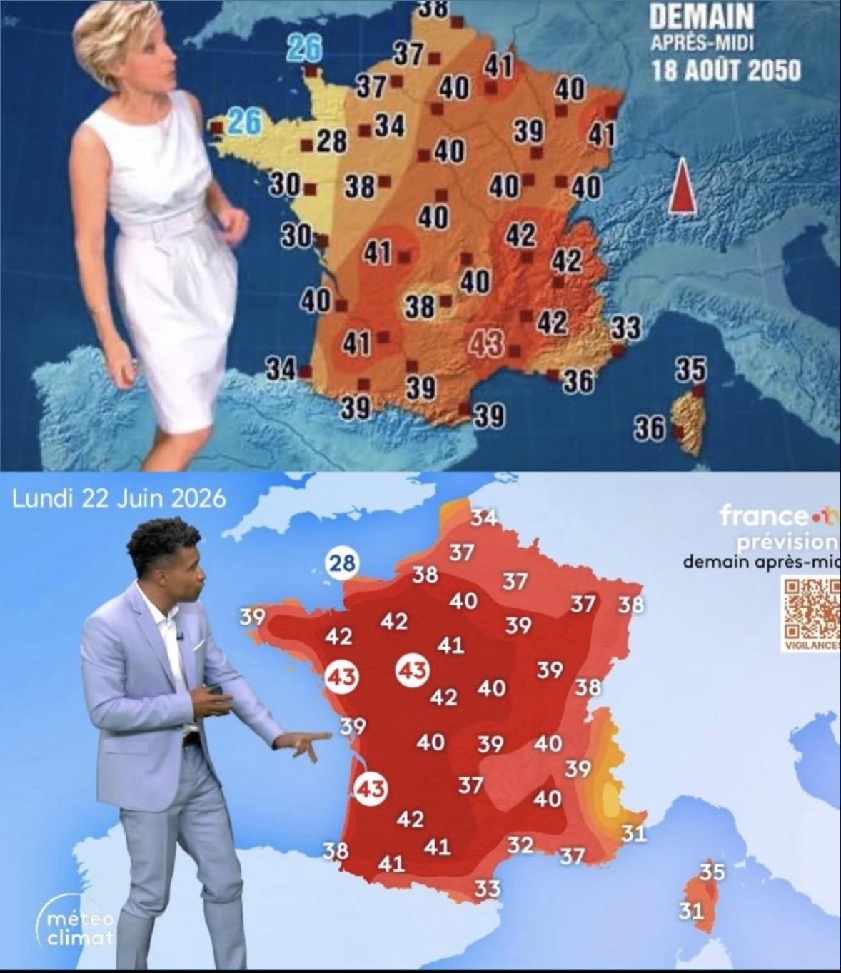 Two photos of weather forecasts, showing maps of France, above one imagined in 2014 of a 2050 forecast of temperatures of high 30s, occasional 40-42, overall more orange; below actual forecast yesterday showing majority red and over 40s across France.