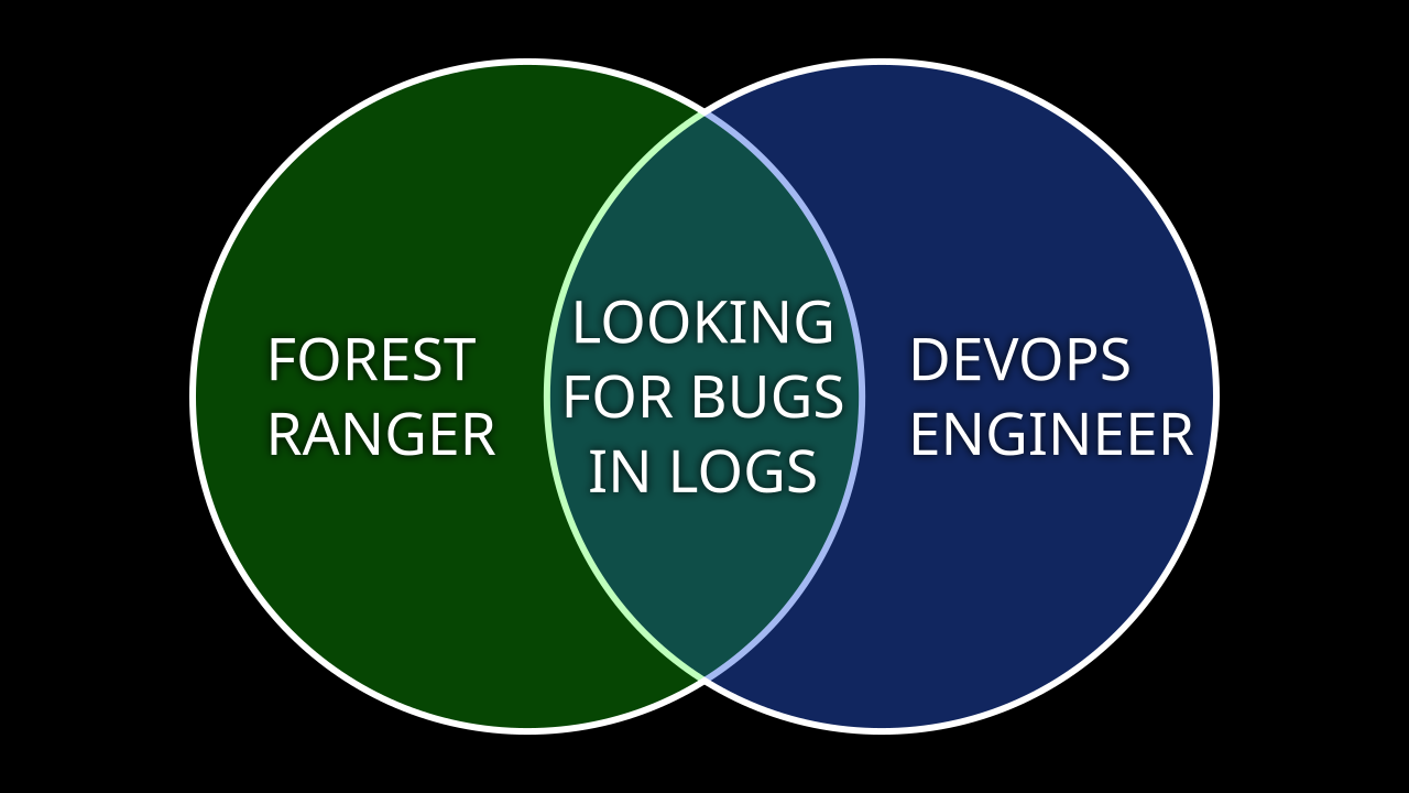 Venn diagram: left: forest ranger right: devops engineer middle: looking for bugs in logs