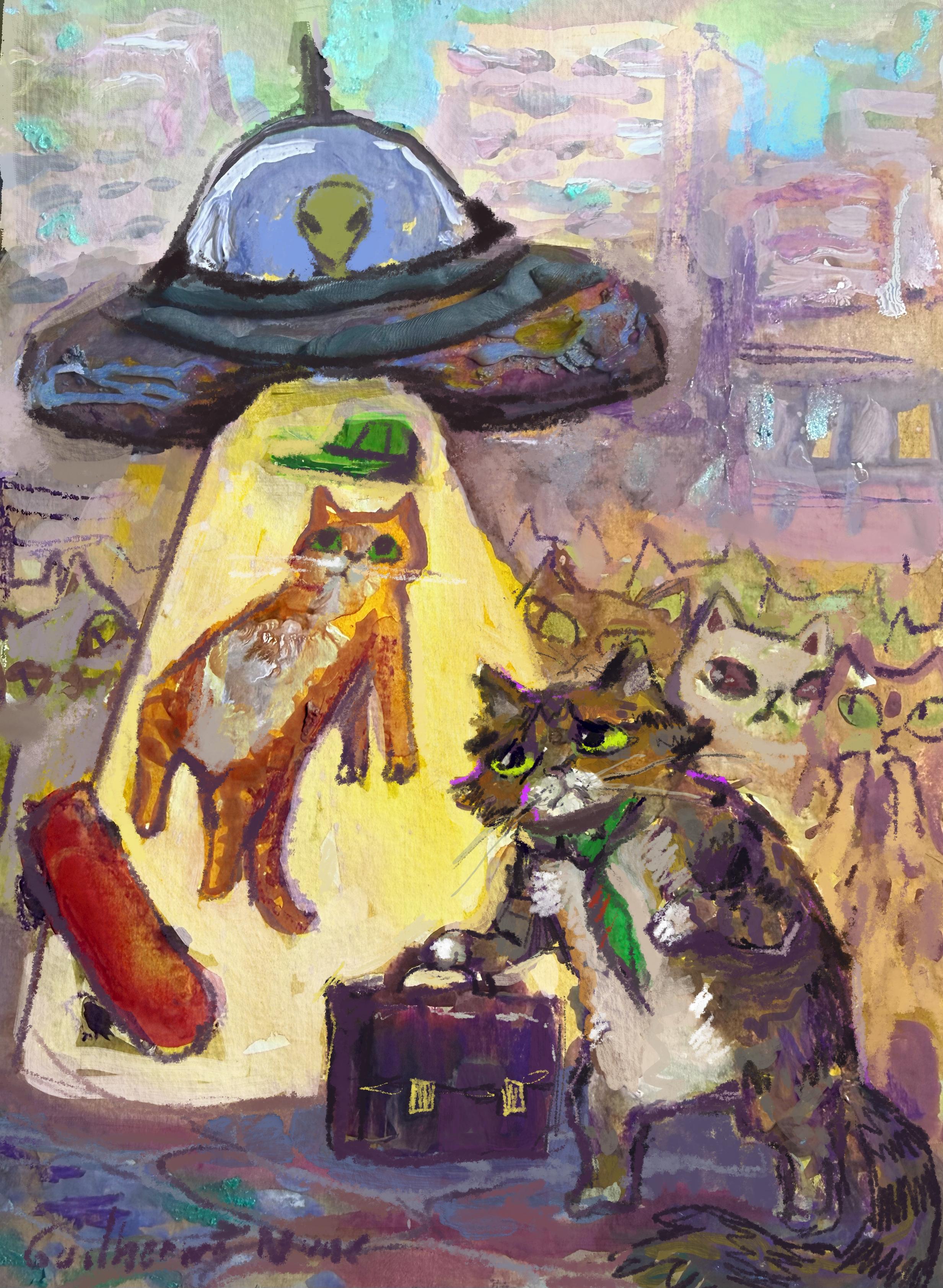 Painting of a cat in a tie and carrying a briefcase looking at a skateboarding cat being abducted by a UFO; cats in the background are incredulous.