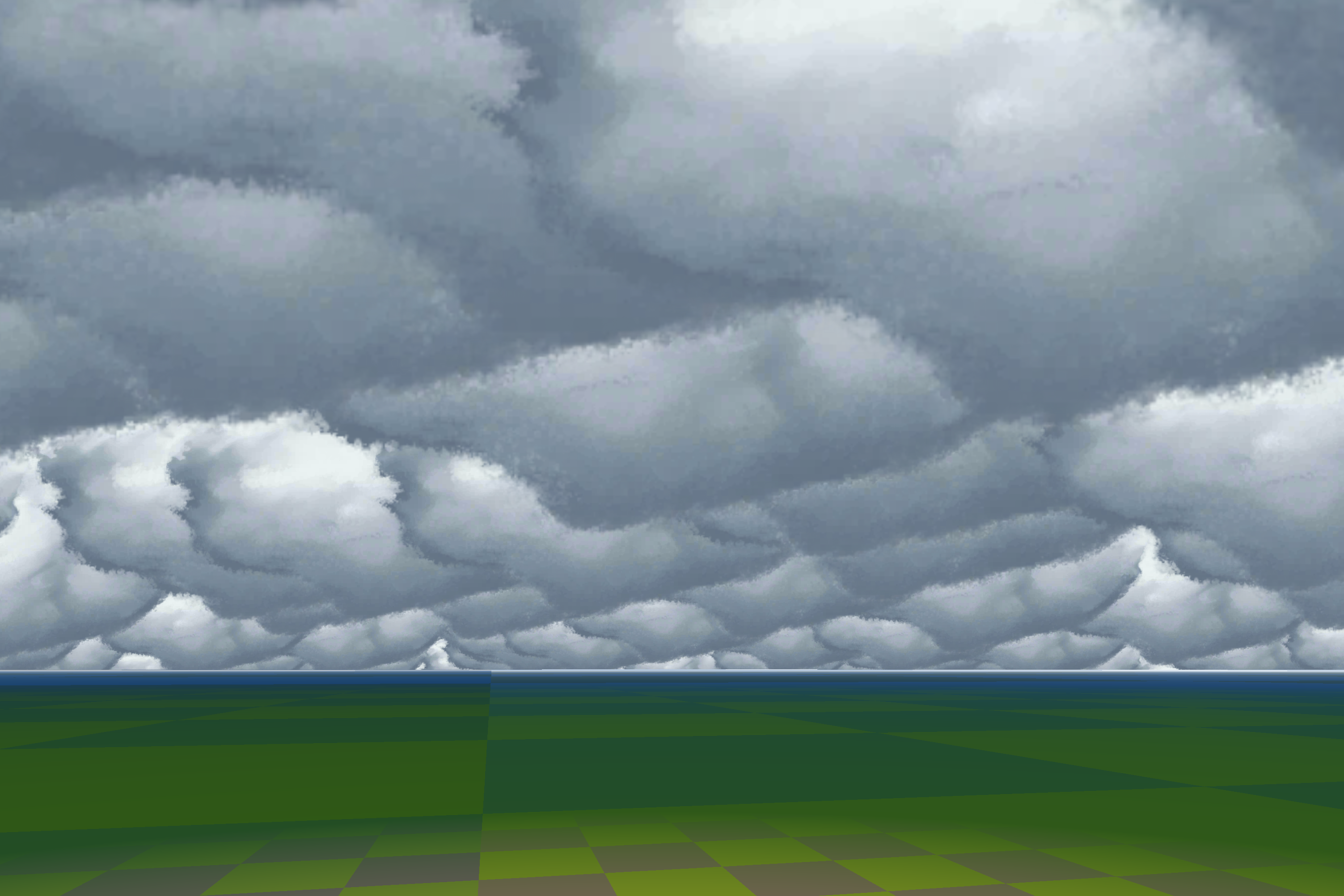 Screenshot of said demo. Big heavy gray clouds glide alarmingly fast across the sky, endlessly.