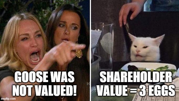 Angry lady cat meme Angry lady: Goose was not valued! Cat: Shareholder value = 3 eggs