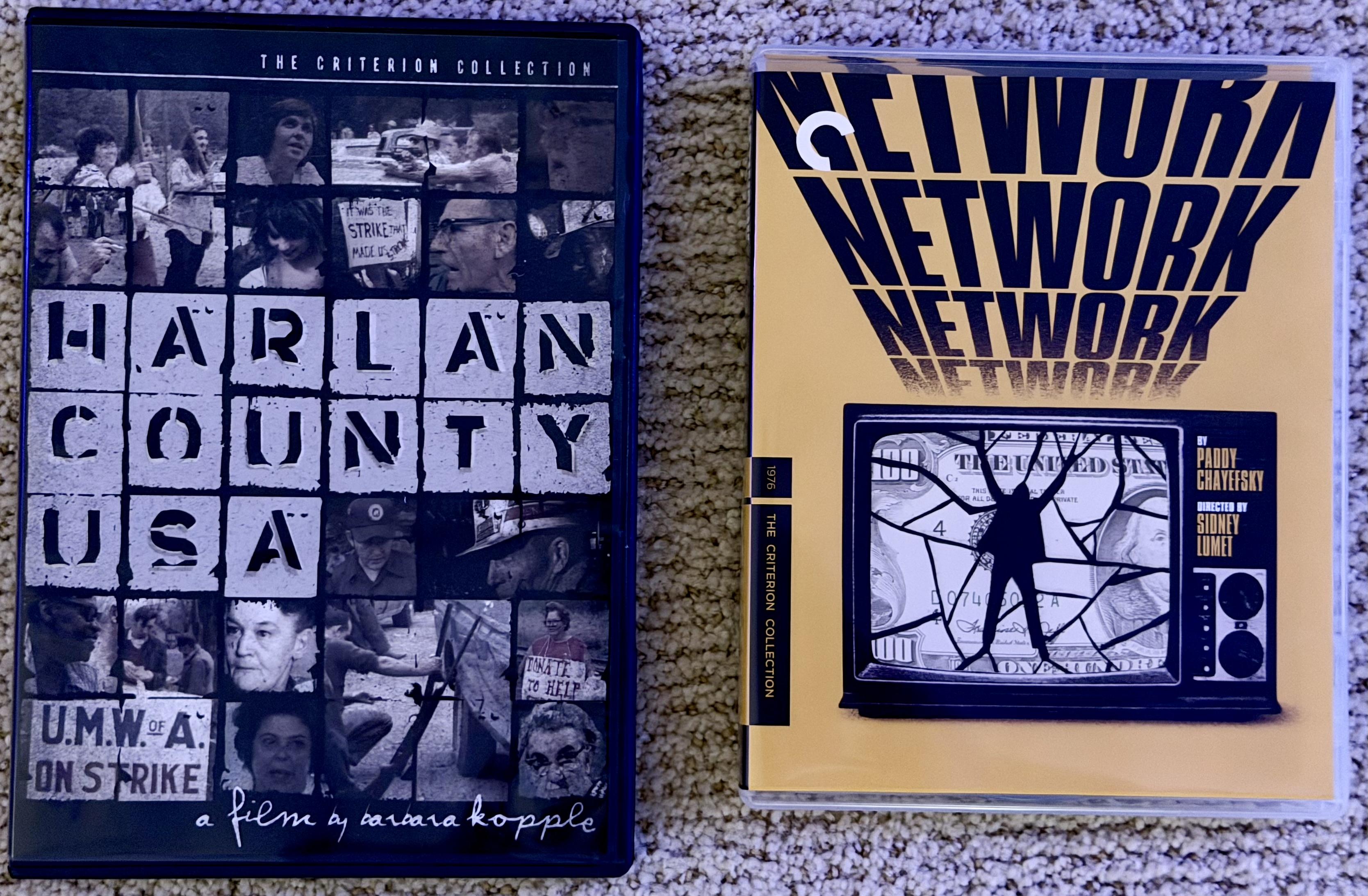 Criterion Collection blu-ray editions of "Harlan County, USA" (1976) and "Network" (1976). See https://en.wikipedia.org/wiki/Harlan_County,USA and https://en.wikipedia.org/wiki/Network(1976_film)
