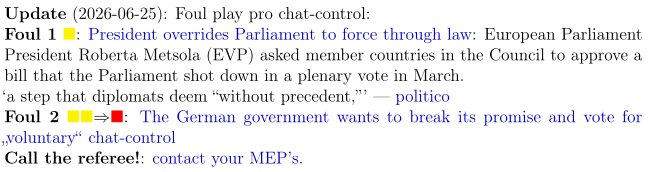 What you need to know about the #worldcup2026:  which trickery some undemocratic political actors in the #EU try to commit in its shadow:Part 1: foulplay pro #chatcontrol: Call the referee: remind the MEPs, that their head of parliament has to follow the parliaments position, not the other way round! #politics