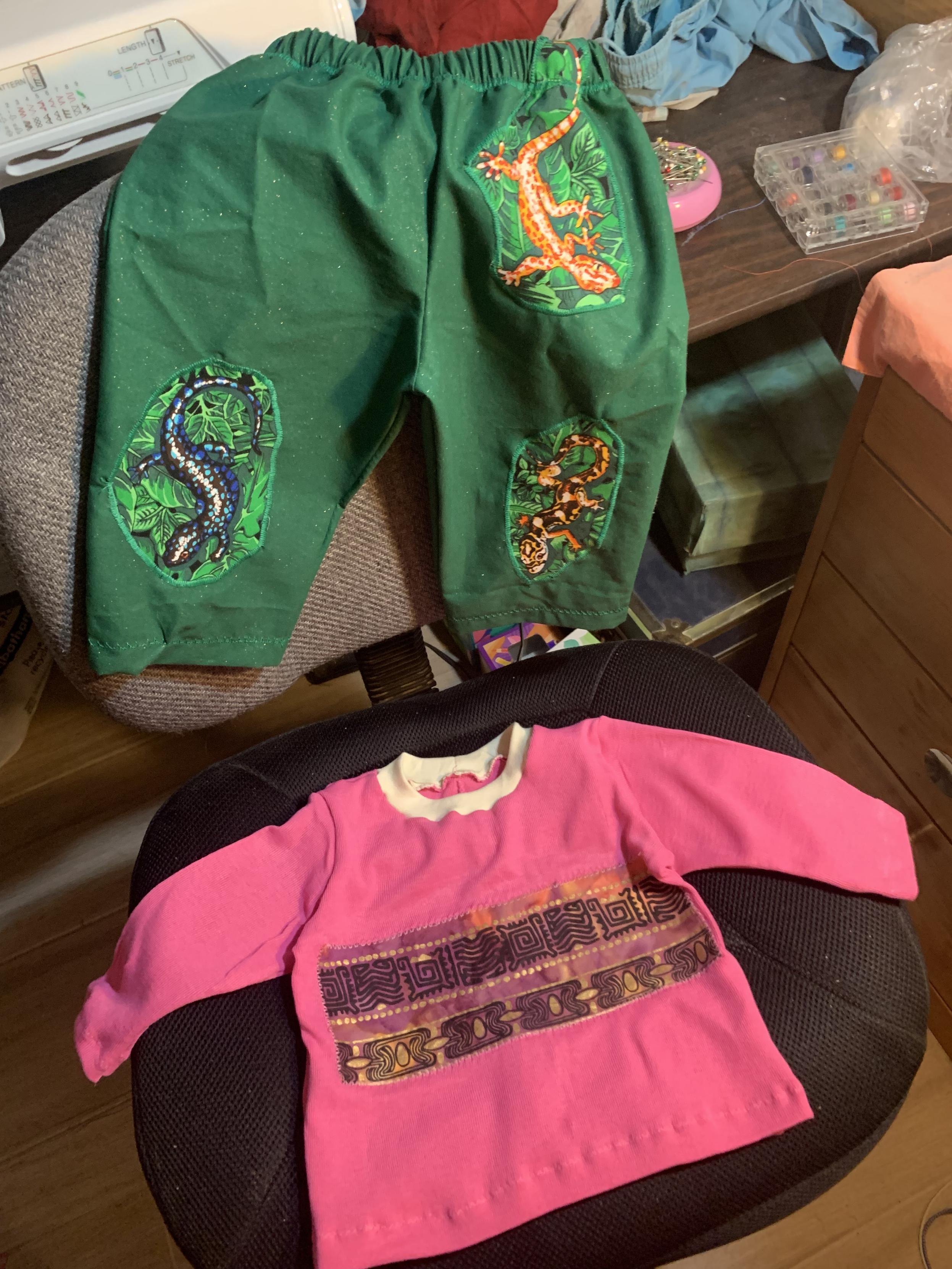 T1-sized green pants with lizards appliques and pink shirt with purple/orange patterned applique
