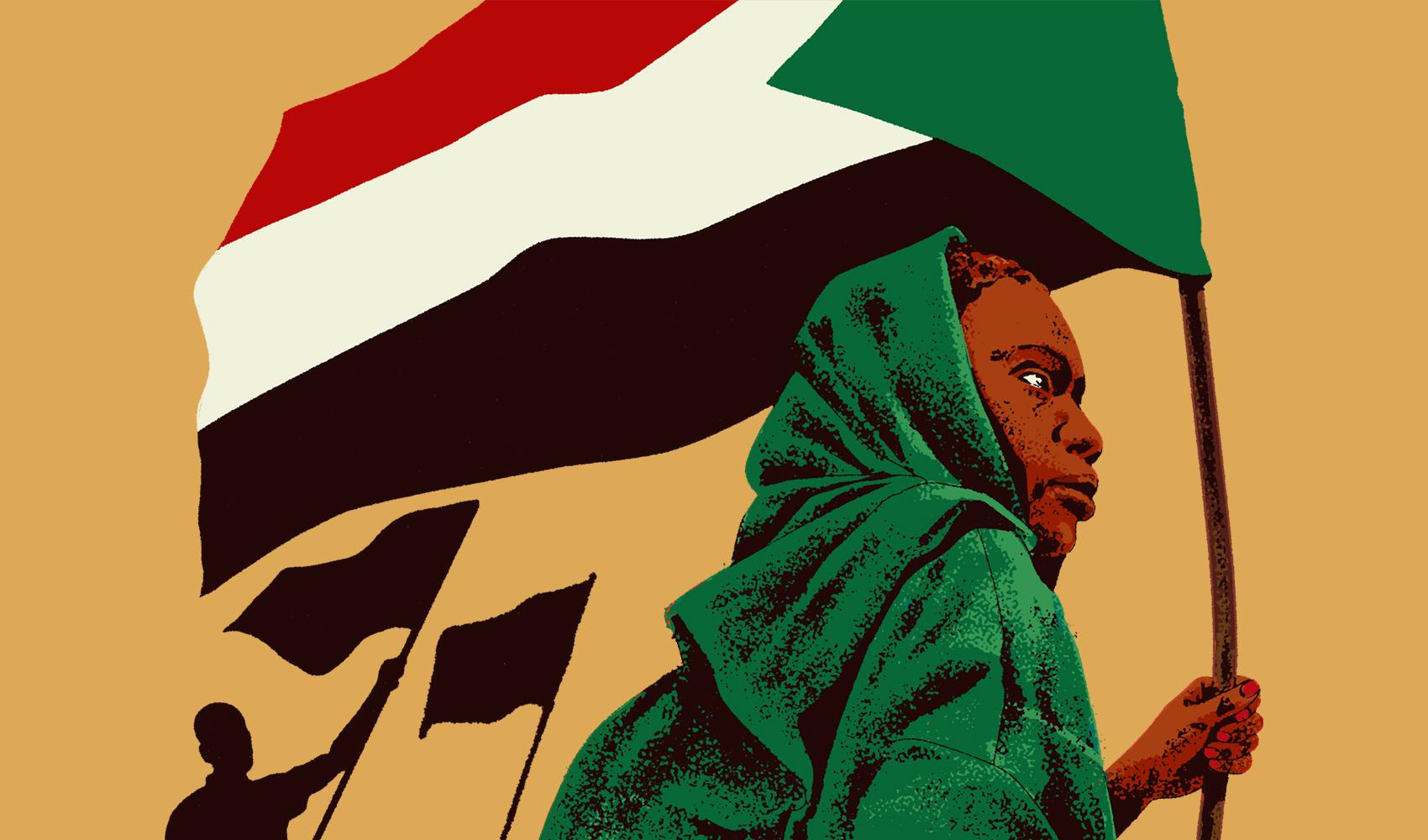 a black person in a green robe waves a red white and black flag