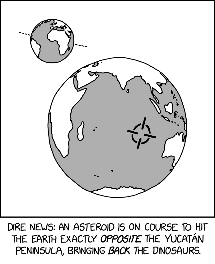 A black-and-white comic shows two globes. A small globe in the upper left shows the Americas, Europe, and Africa, with a dashed line passing behind it. A much larger globe below shows Africa, Asia, Australia, and the Indian Ocean, with a target mark in the ocean roughly opposite Central America. Caption: "Dire news: An asteroid is on course to hit the Earth exactly opposite the Yucatán Peninsula, bringing back the dinosaurs." Hidden text: "Paleontologists have long worried that the dinosaurs blasted into space 66 million years ago will one day complete their orbits and fall back down."