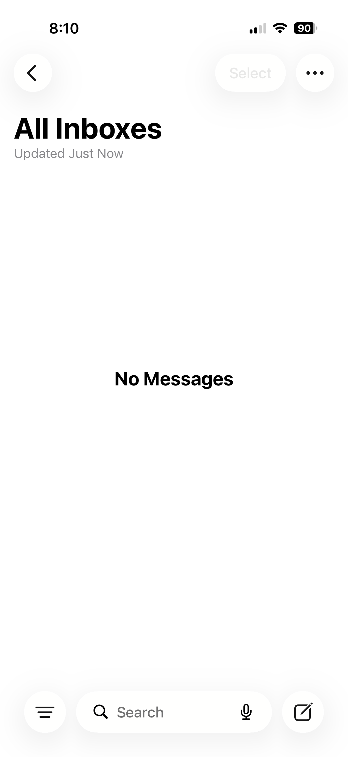Screenshot of the mail app on iOS with zero messages.
