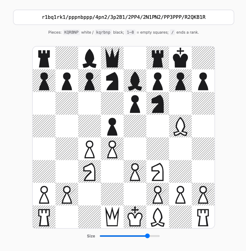 A chessboard in "Queen's gambit declined" formation, with above it a character sequence that represents it