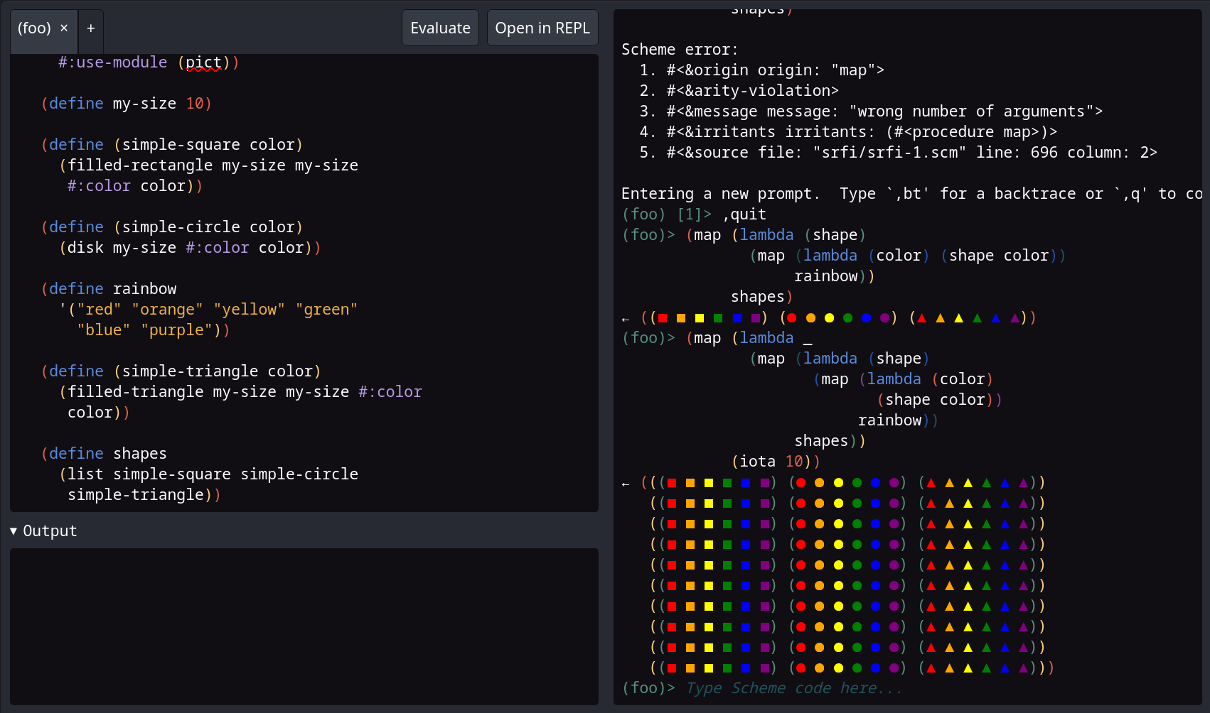 Spritely's Hoot IDE, using a picture language. Scheme code for making some simple shapes on the left in the editor tab, and on the right a live REPL session, where some functional Scheme code makes a list of rainbow shapes!