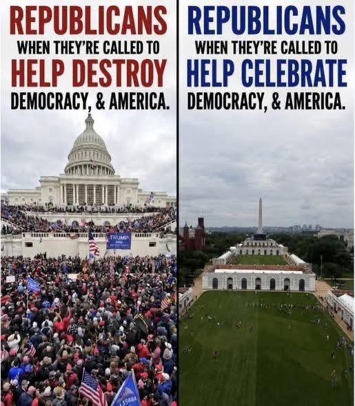 Two views: The first - REPUBLICANS WHEN THEY'RE CALLED TO HELP DESTROY DEMOCRACY, & AMERICA. With an image of the mob at the capitol on the 6th of January, 2021. The second - REPUBLICANS WHEN THEY'RE CALLED TO HELP CELEBRATE DEMOCRACY, & AMERICA. With an image of The 'Great American State Fair' on the National Mall with minimal attendance.