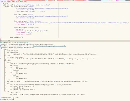 Example of with-nix-profile used in Guix System.  In addition to the user supplied nix shell wrappers, it provides a build-nix-profile script to prepare a Nix profile, to be used for extending Guix search paths.