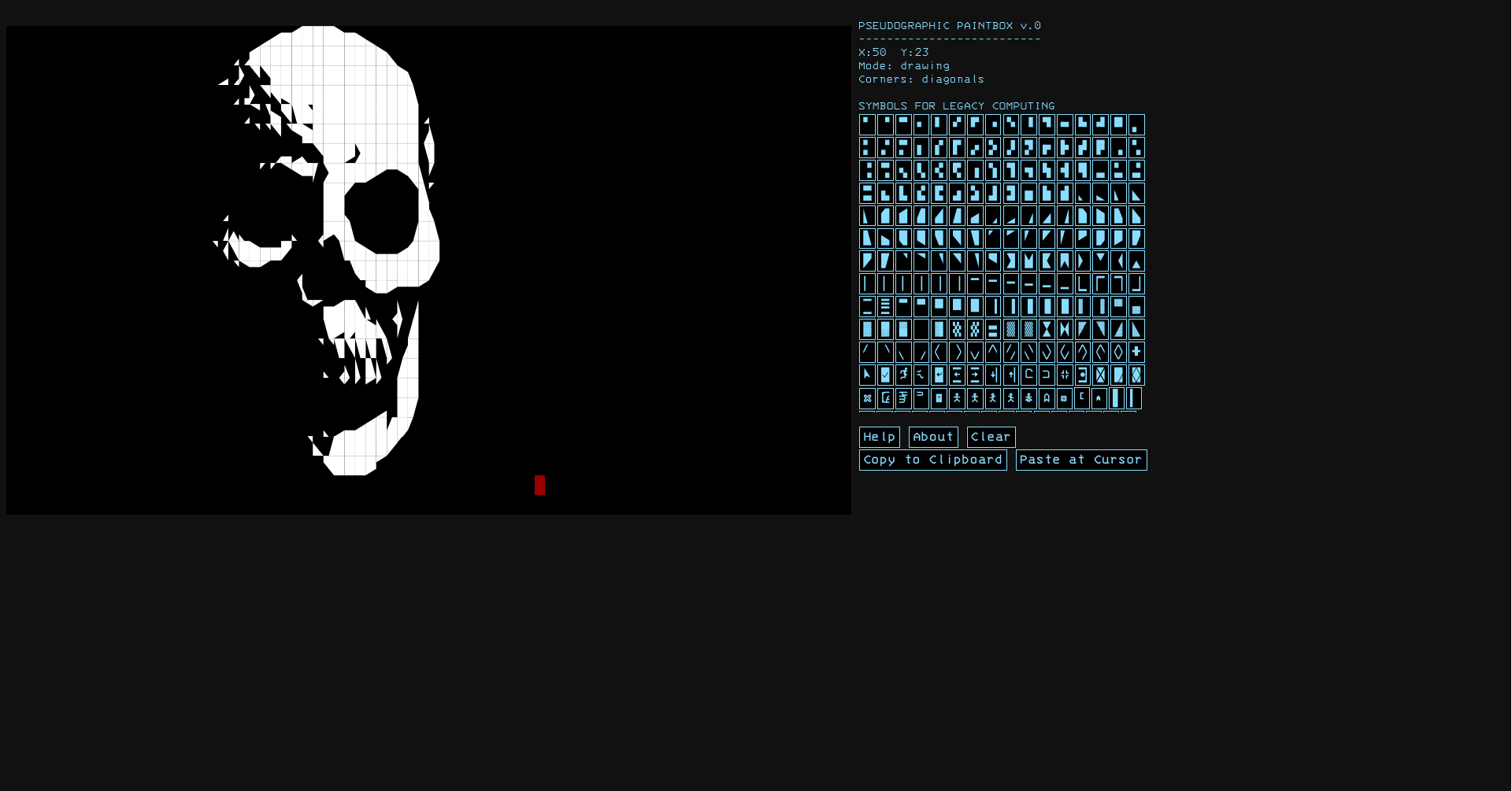 A screenshot of Pseudographic Paintbox, a Web app for drawing text art.
