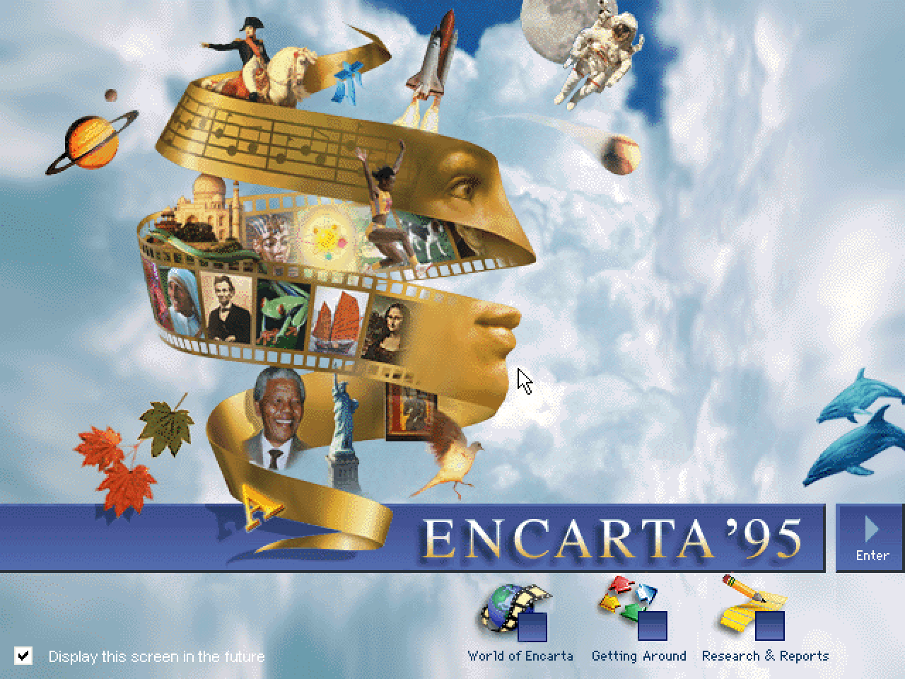 Opening screen to Encarta '95. It bristles with positive edutainment energy, known as "Utopian Schoolastic"