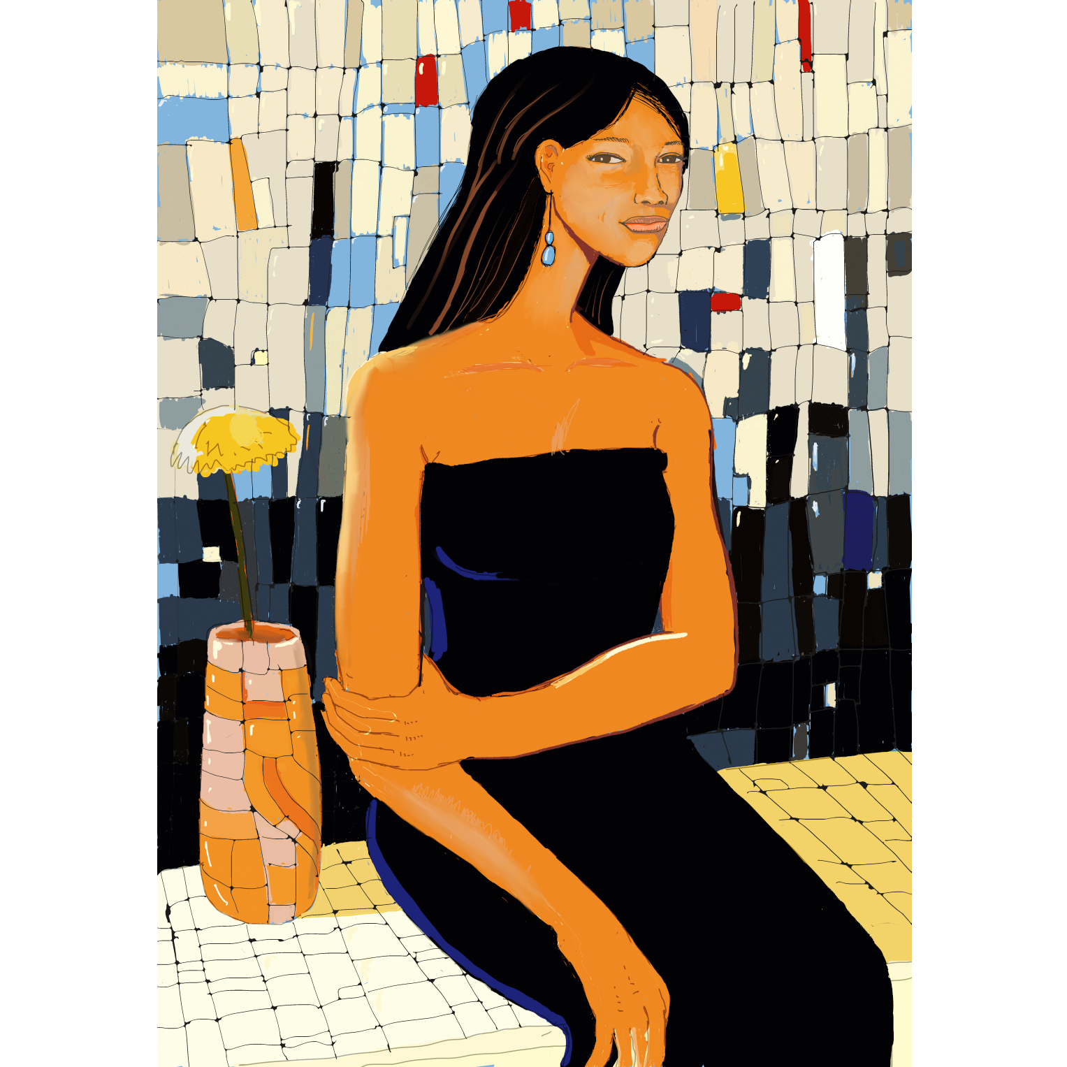 Digital drawing of a woman sitting on a stone bench in front of a wall with mosaic tiles in chaotic patterns.