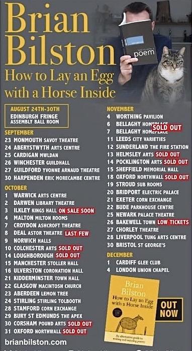 A pic advertising my list of shows for my autumn 2026 tour: Aberdeen; Aberystwyth; Bakewell; Bellaghy; Bridport; Bristol; Bude; Bury St Edmonds; Cardiff; Cardigan; Chorley; Colchester; Corsham; Coventry; Croydon; Darwen; Deal; Edinburgh; Exeter; Glasgow; Guildford; Harpenden; Helmsley; Kidderminster; Leeds; Liverpool; London; Loughborough; Malton; Manchester; Monmouth; Newark; Norwich; Oxford; Pocklington; Sheffield; Stamford; Stirling; Stroud; Sunderland; Ulverston; Winchester; Worthing