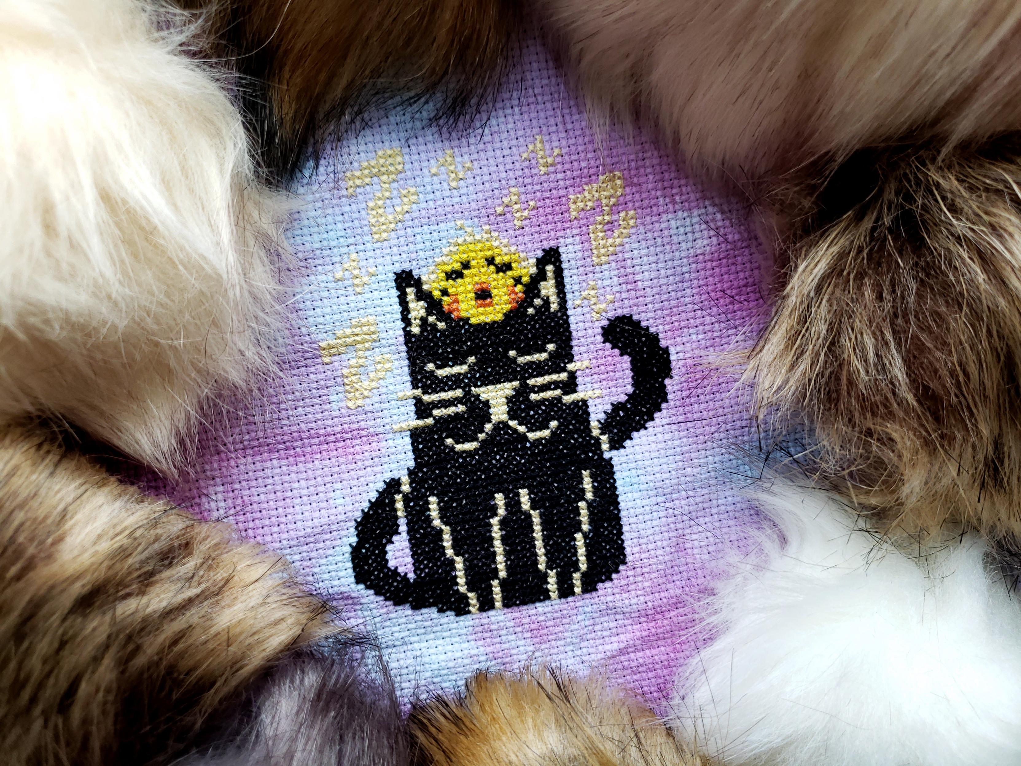 A cross stitch on mottled blue and purple aida of a chick snoozing on top of a black cat with a content expression's head. The cross stitch is framed with balls of faux fur.