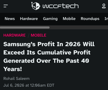 A headline reading "Samsung profit in 2026 will exceed its cumulative profit generated for the last 40 years."