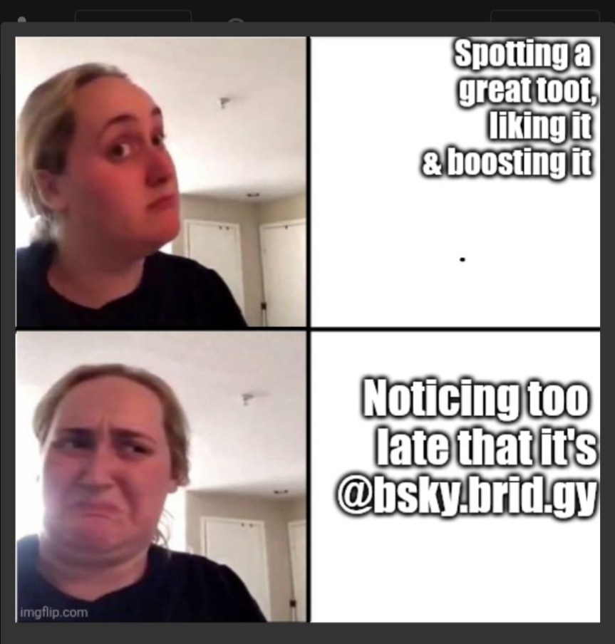 The Kombucha girl meme. Top panel: Spotting a great toot, liking it& boosting it. Bottom panel: Noticing too late that it's @bsky.brid.gy