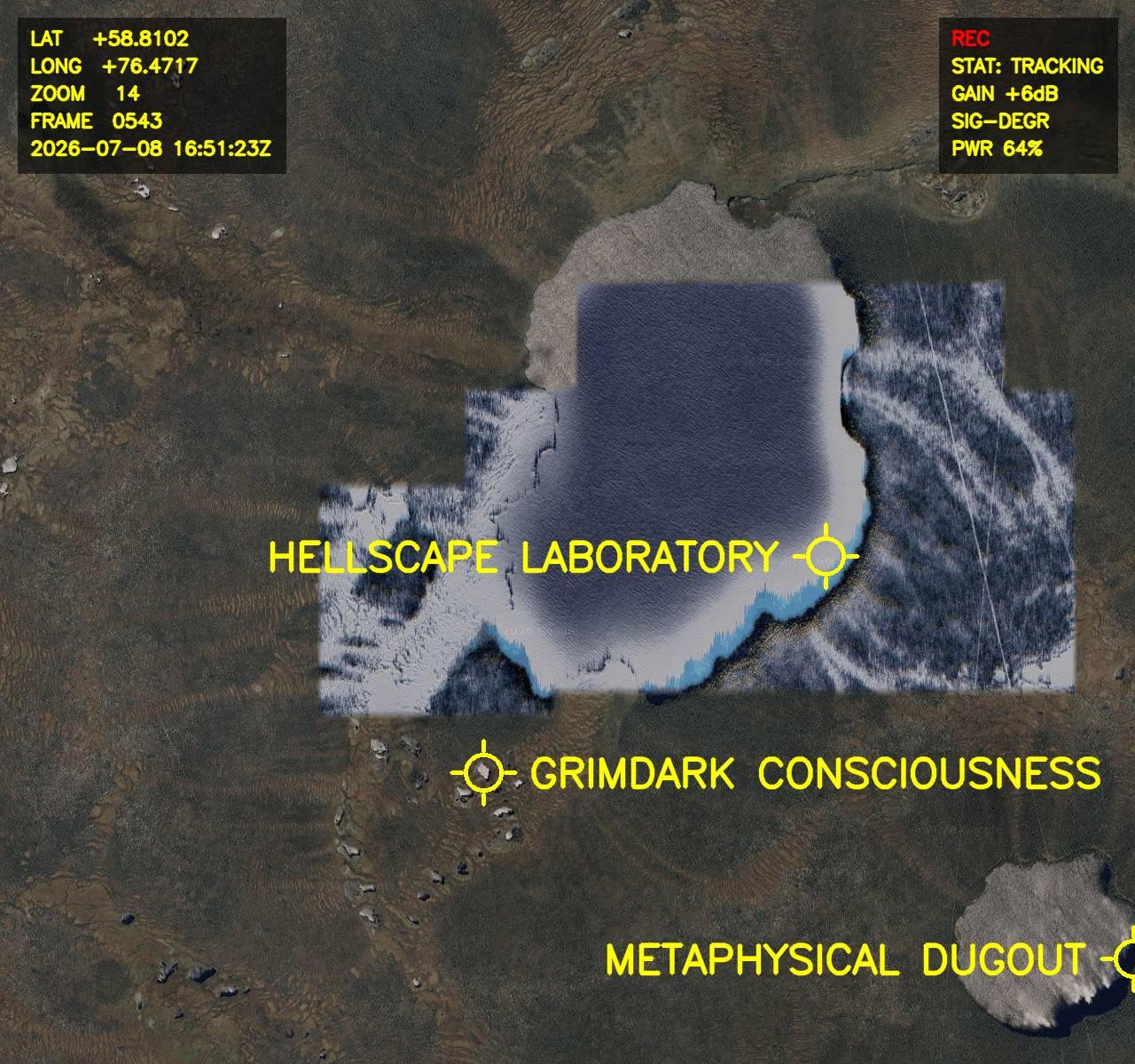 Aerial satellite photo labelled in bright yellow letters:  1. Hellscape Laboratory 2. Metaphysical Dugout 3. Grimdark Consciousness Actual coordinates: 58.8102° N, 76.4717° E