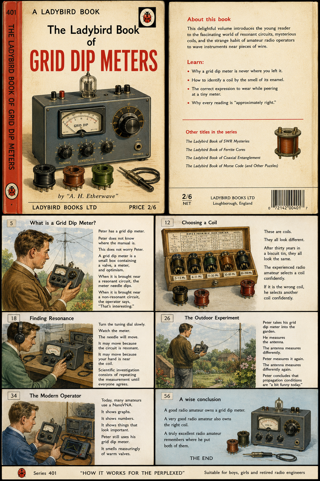A poster advertising a book.  It is a joke.  The poster shows several pages from the book describing a grid dip meter and it various uses.  It is humorous and tongue-in-cheek.