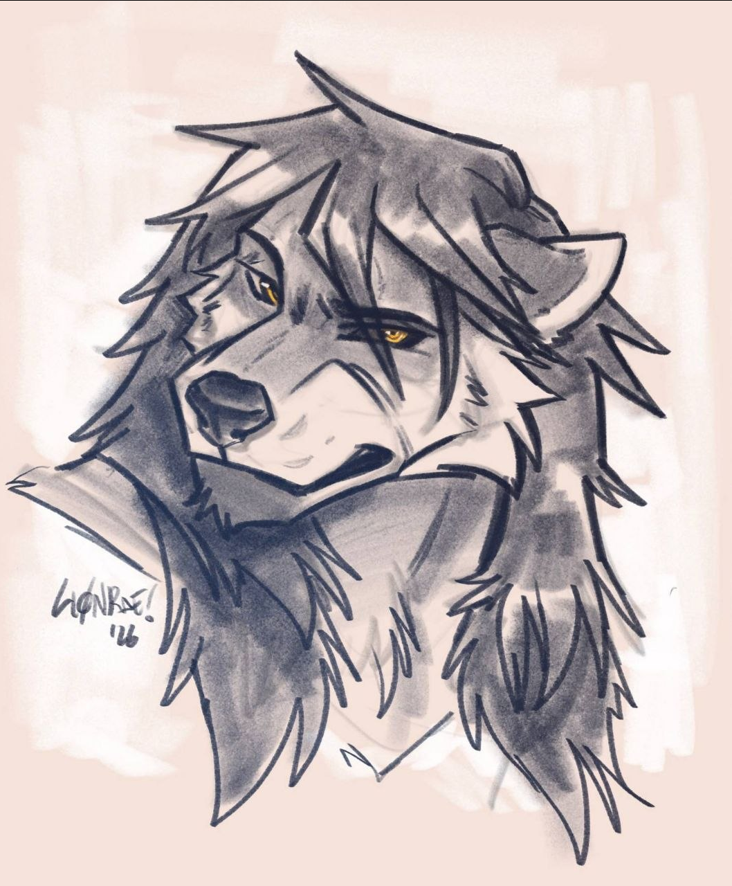 A wolf-like furry character with long hair. He looks at the viewer with a grumpy, sort of judgy expression, and an eyebrow raised.
