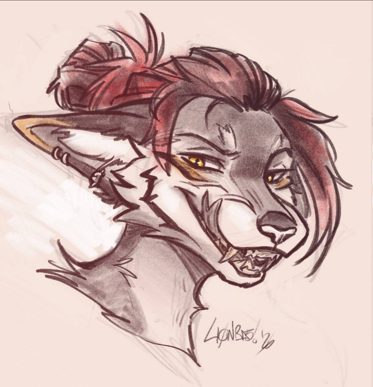 A canine-like furry character. She's licking her chops playfully, looking off-camera to the left, and sports a messy bun- cool for the summer!