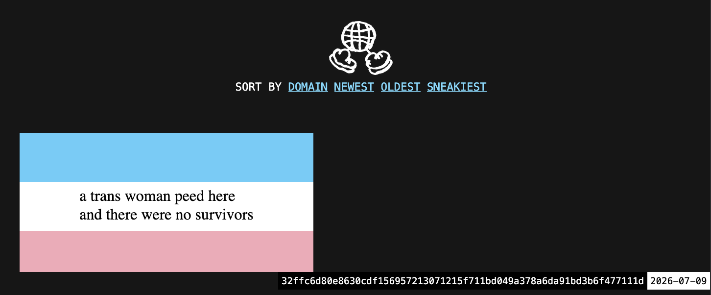 A screenshot of a sneakerweb frontpage. There is a sneakerweb.html for a single site, styled to look like a trans flag with the text in the centre: “a trans woman peed here and there were no survivors”