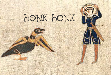 image from said generator. looks like the tapestry of bayeux, a big bird and a medivial person of some kind look at each other. the words "honk honk" are seen above the bird.