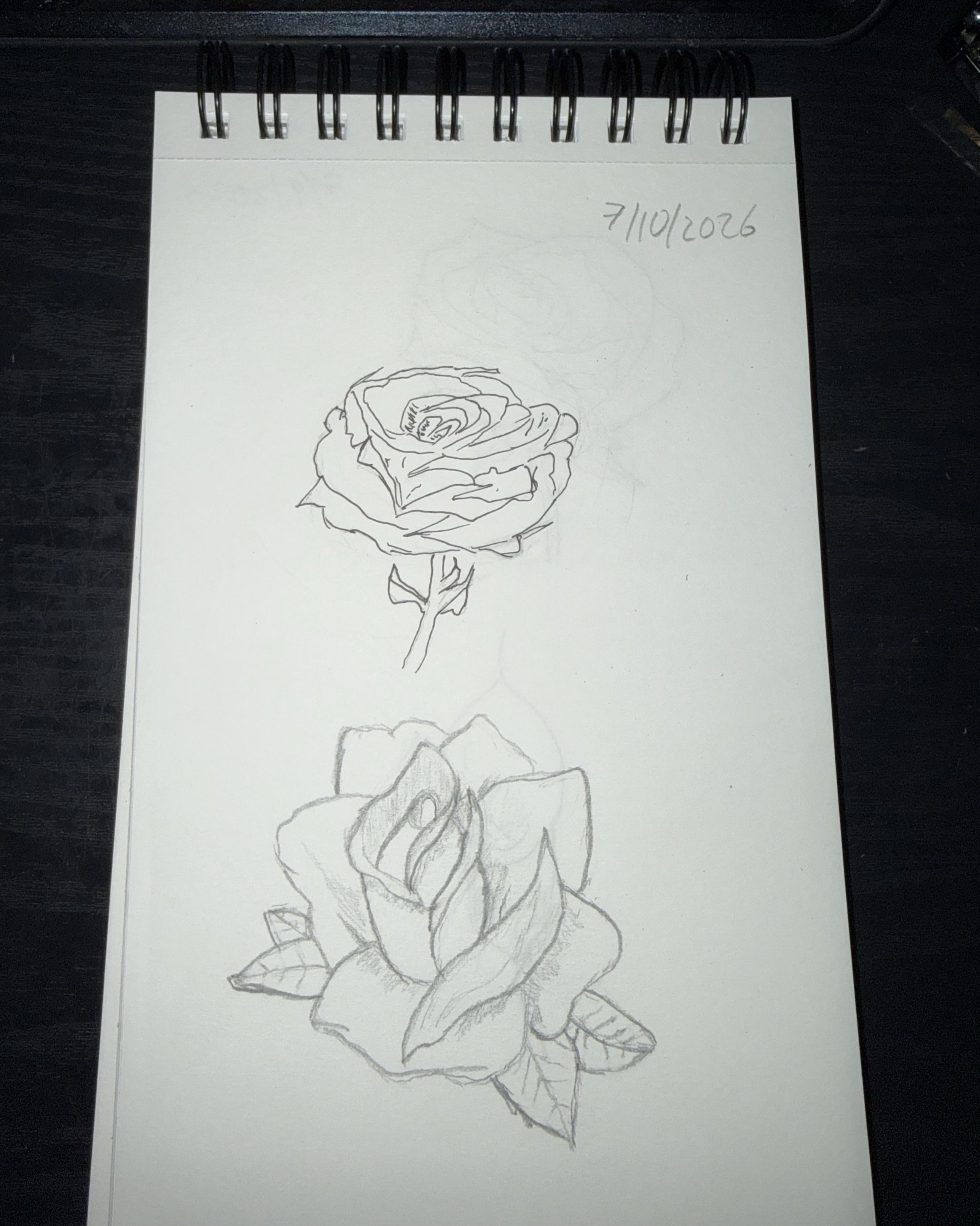 Beginner drawings of flowers in a sketchbook dated 7/10/2026