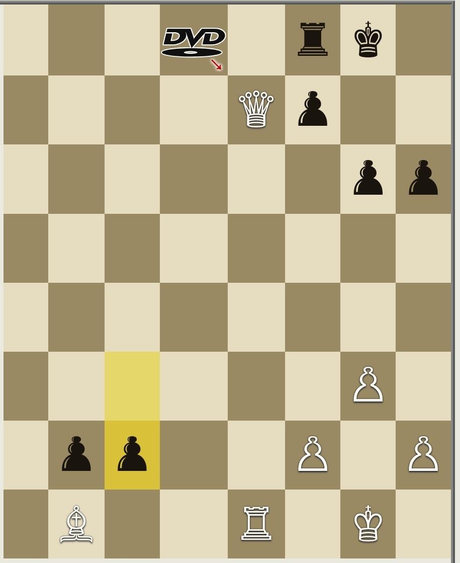 A chess board, a recently promoted white pawn has turned into a black DVD, threatening chaos.