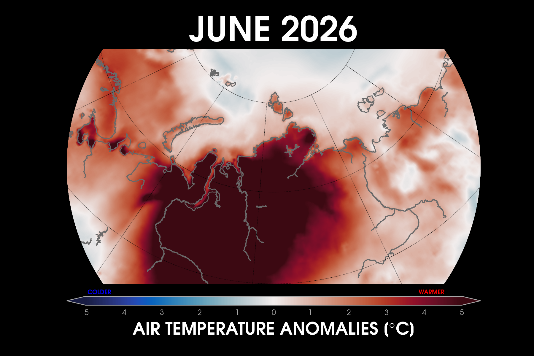 Polar stereographic map of a region across Siberia and the Barents-Kara Seas of the Arctic. The map shows temperature anomalies with red being warmer than average and blue being colder than average relative to a 1981-2010 baseline using ERA5 data. Most places are warmer than average during this month of June 2026.
