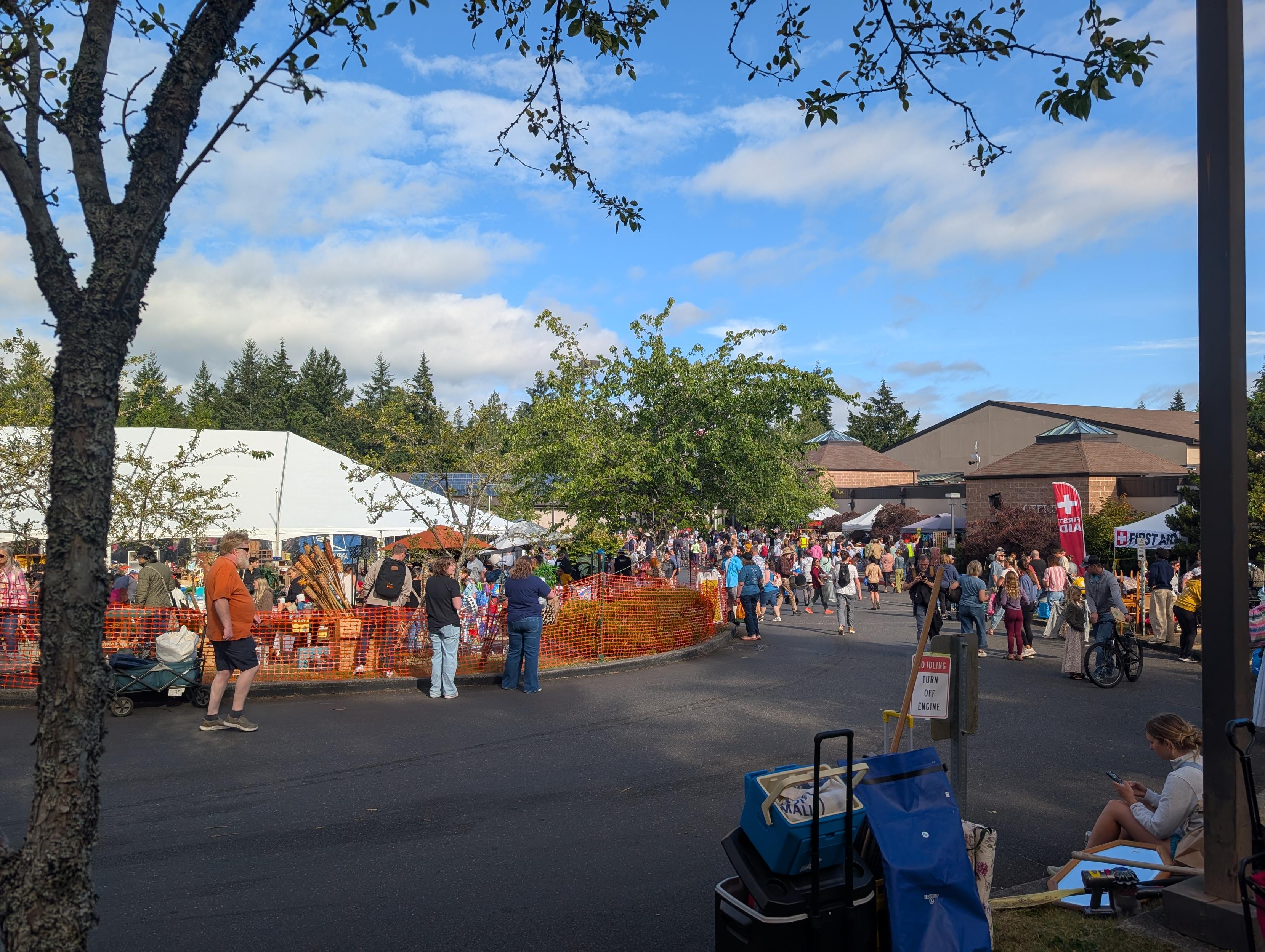 Crowd of people entering a large rummage sale