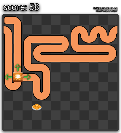 A render of a game of snake where the snake tiles are composed of Neofox stretch emojis on a dark gray tiled background. The game is 12 by 12 tiles in size, and the snake occupies 61 tiles in total. The snake is dead. (This description is not comprehensive of the current game state.)