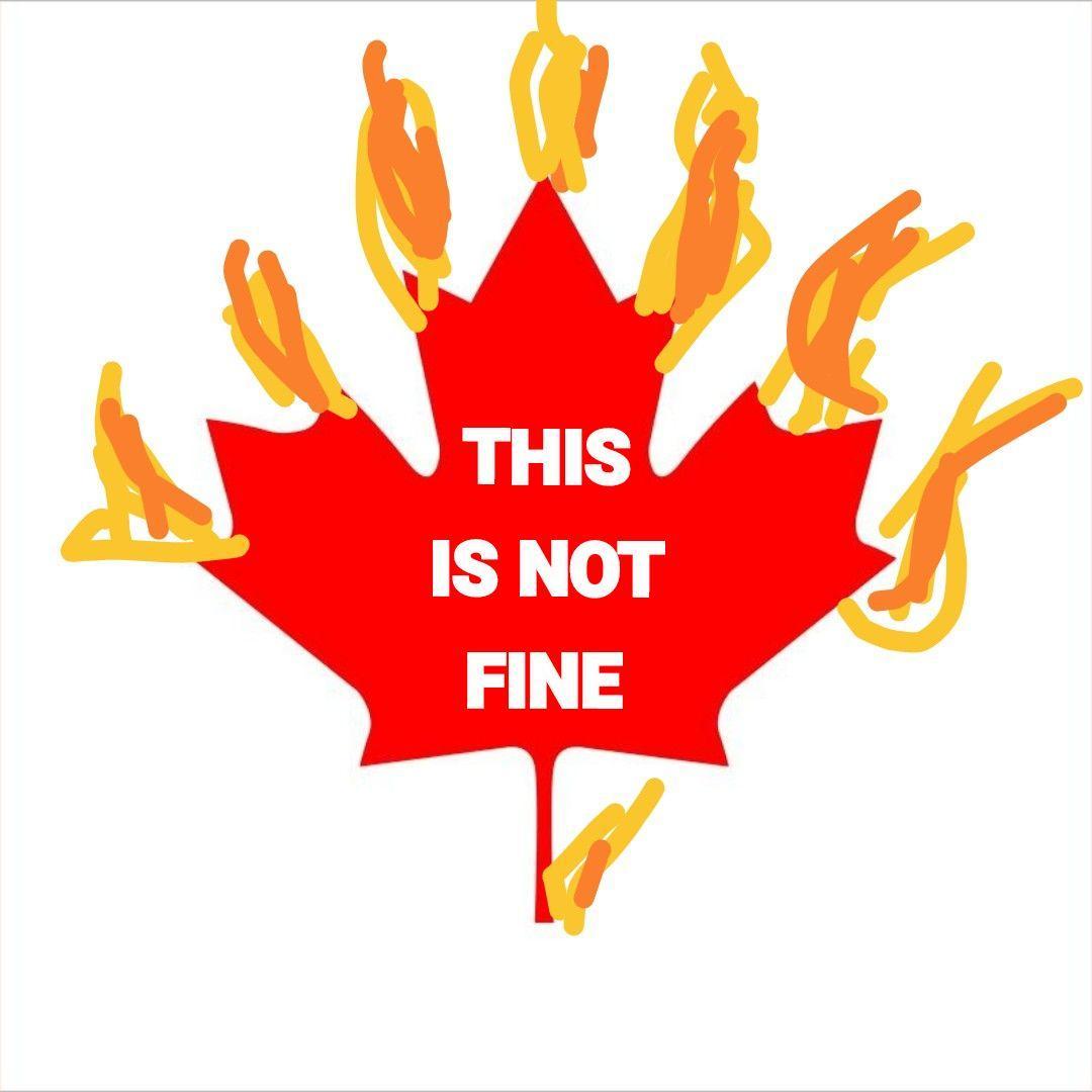 The flat red maple leaf with white background off the Canadian flag. I've, very badly, thumb drawn orange and yellow streaks dor flames coming off the points and the stem. Within the red body of the leaf is THIS IS NOT FINE in white text.