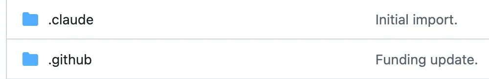 github file display screenshot, showing two files with commit messages. .claude/ (Initial import.) .github/ (Funding update.)