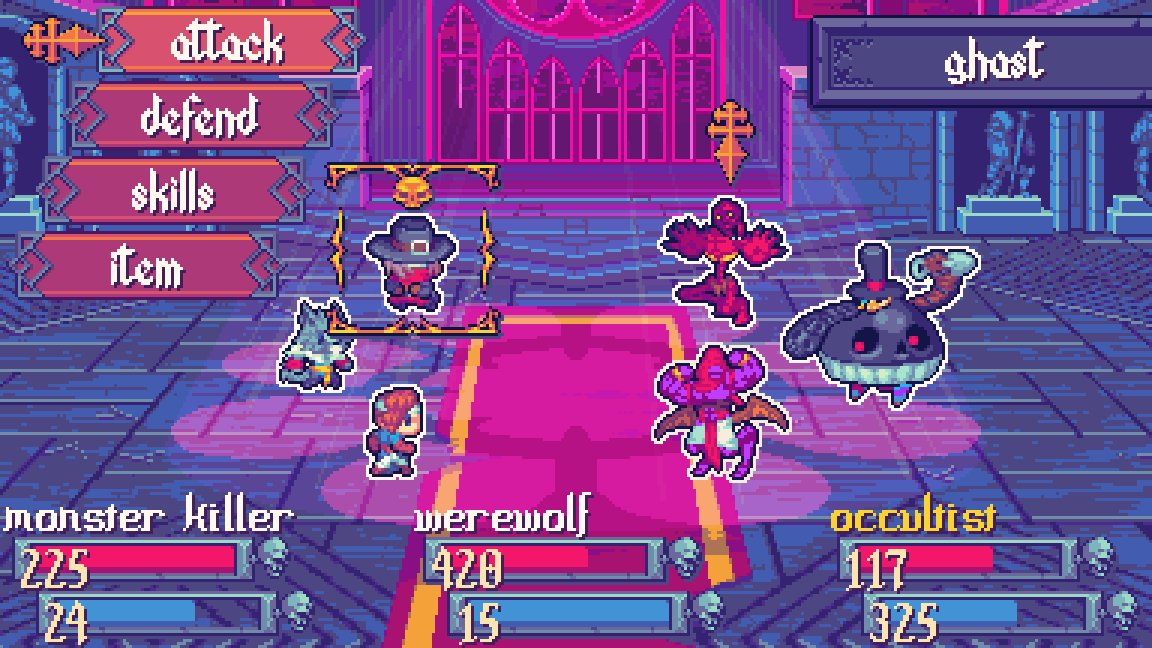 Mockup screenshot showing the Tiny RPG - Battle Kit II in action. On the colourful mockup one can see a blue coated brown haired monster killer, a dark skinned vampire princess and a long haired occultist facing off against a red skinned ghast, a purple skinned buff vampire and a dapper skeleton lord. The skeleton lord wears a top hat and uses a shovel as a cane. The purple skinned vampire is flexing its biceps, showing off their guns. The fight takes place on an abandoned castle, with the red moonlight coming through the broken stained glass